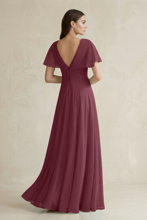 V-Neck Ruffled Sleeve A-Line Chiffon Bridesmaid Dress in Desert Rose (2) | KISSBRIDAL