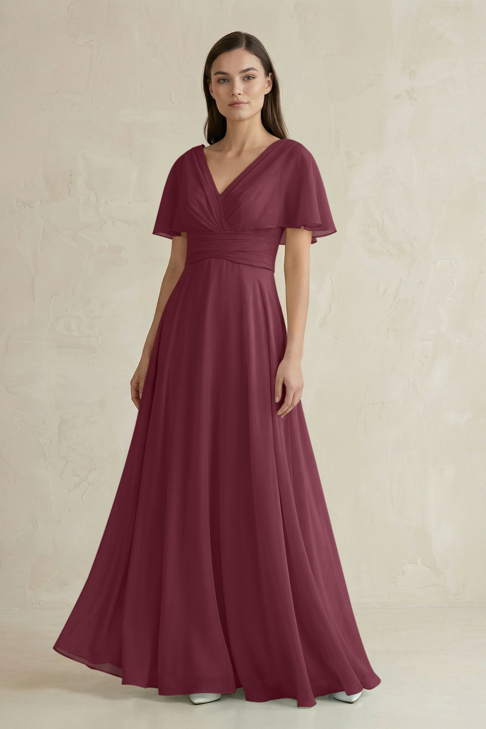 V-Neck Ruffled Sleeve A-Line Chiffon Bridesmaid Dress in Desert Rose