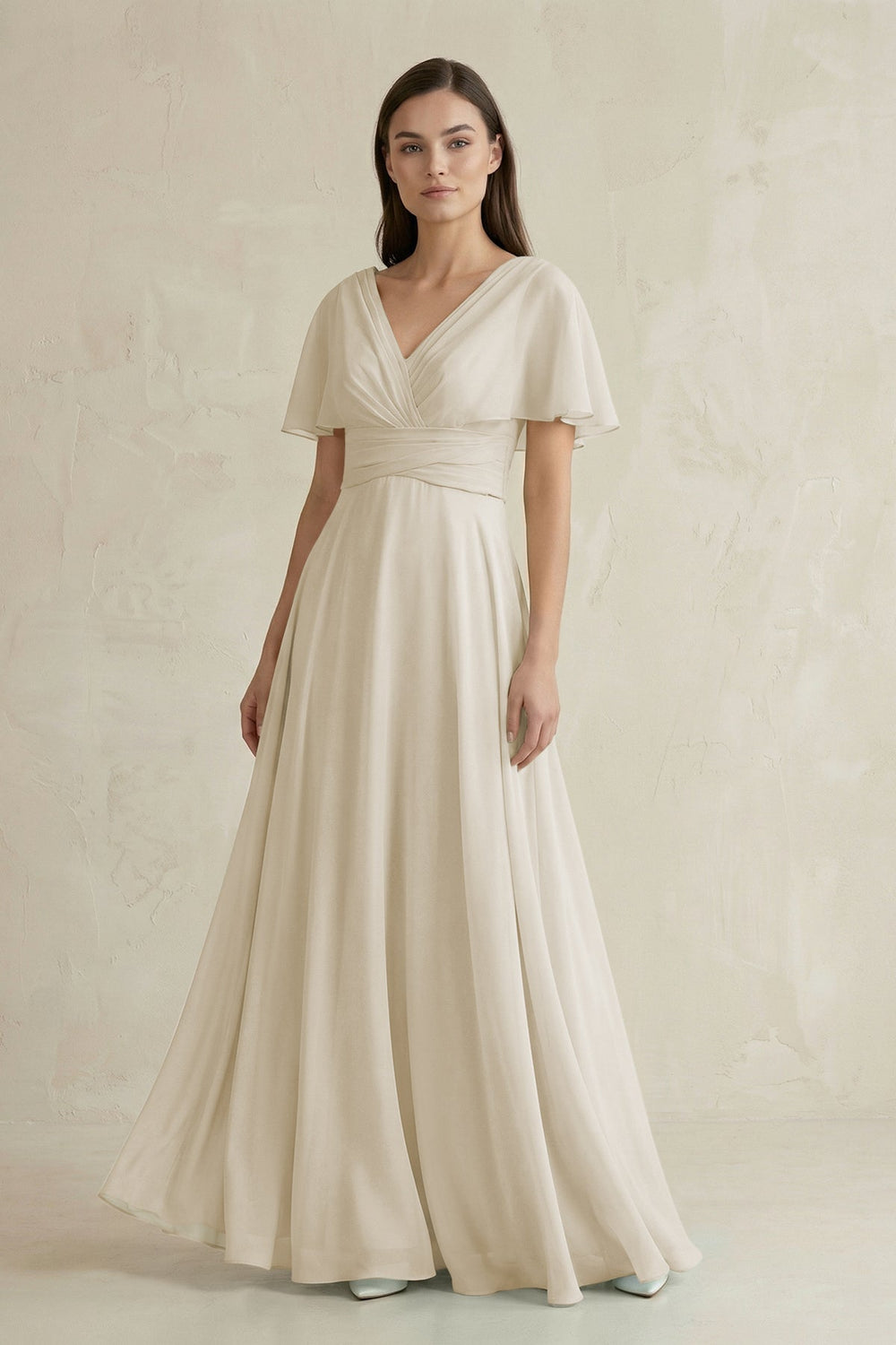 V - Neck Ruffled Sleeve A - Line Chiffon Bridesmaid Dress in Dove Gray - SHE IS ME Bridesmaid Dresses
