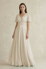 V - Neck Ruffled Sleeve A - Line Chiffon Bridesmaid Dress in Dove Gray - KISS BRIDAL Bridesmaid Dresses