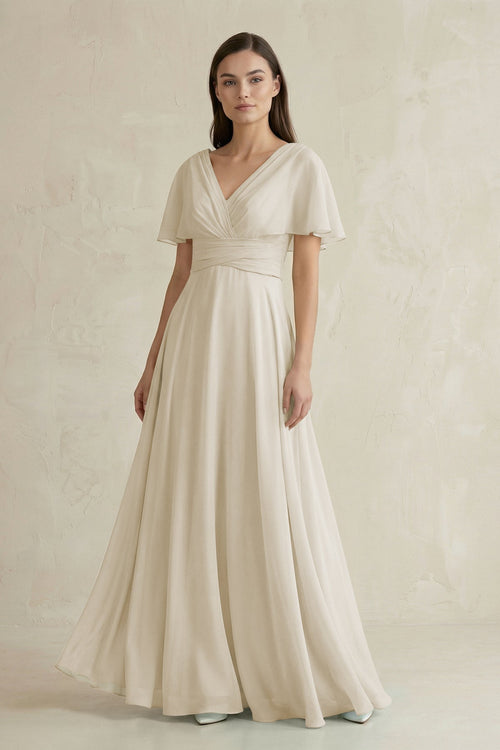 V - Neck Ruffled Sleeve A - Line Chiffon Bridesmaid Dress in Dove Gray - SHE IS ME Bridesmaid Dresses