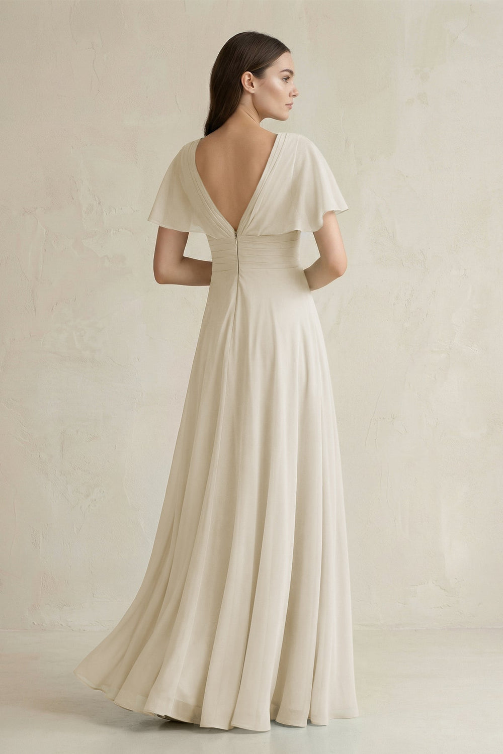 V - Neck Ruffled Sleeve A - Line Chiffon Bridesmaid Dress in Dove Gray - SHE IS ME Bridesmaid Dresses