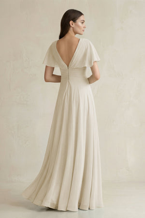 V - Neck Ruffled Sleeve A - Line Chiffon Bridesmaid Dress in Dove Gray - SHE IS ME Bridesmaid Dresses
