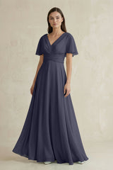 V - Neck Ruffled Sleeve A - Line Chiffon Bridesmaid Dress in Dusk Blue - KISS BRIDAL Bridesmaid Dresses