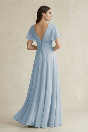 V - Neck Ruffled Sleeve A - Line Chiffon Bridesmaid Dress in Dusty Blue - SHE IS ME Bridesmaid Dresses