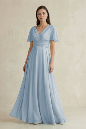 V - Neck Ruffled Sleeve A - Line Chiffon Bridesmaid Dress in Dusty Blue - SHE IS ME Bridesmaid Dresses