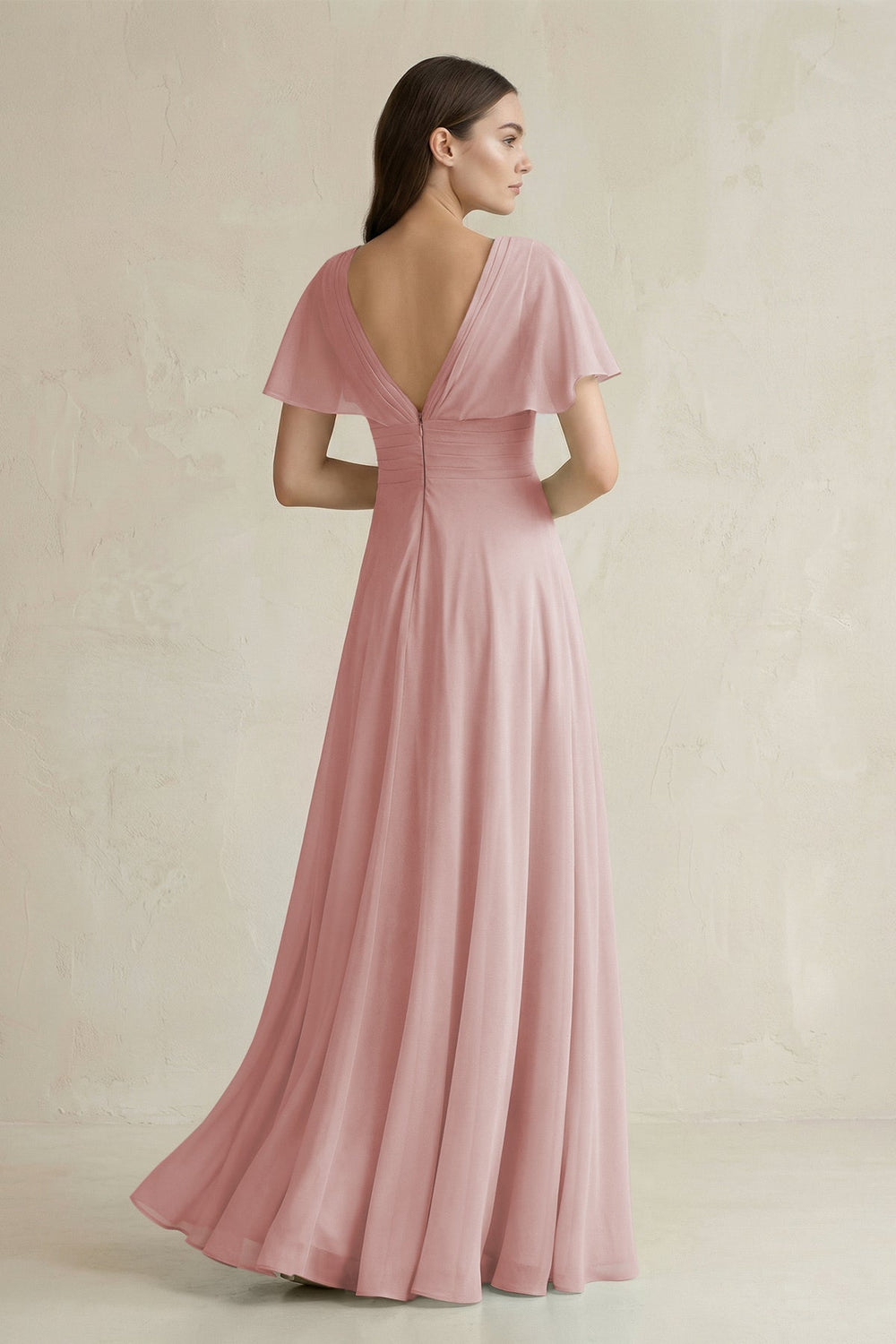 V - Neck Ruffled Sleeve A - Line Chiffon Bridesmaid Dress in Dusty Rose - SHE IS ME Bridesmaid Dresses