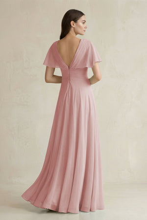 V - Neck Ruffled Sleeve A - Line Chiffon Bridesmaid Dress in Dusty Rose - SHE IS ME Bridesmaid Dresses