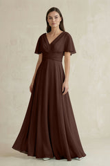 V - Neck Ruffled Sleeve A - Line Chiffon Bridesmaid Dress in Espresso - KISS BRIDAL Bridesmaid Dresses