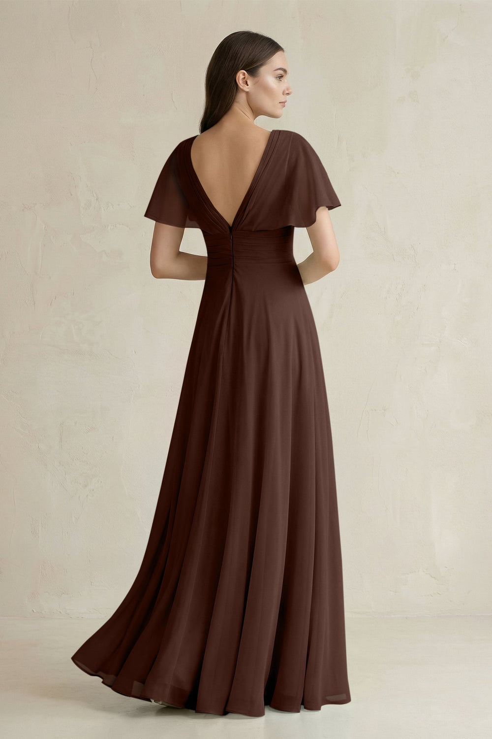 V - Neck Ruffled Sleeve A - Line Chiffon Bridesmaid Dress in Espresso - SHE IS ME Bridesmaid Dresses