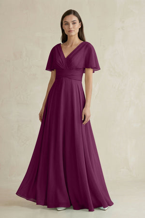 V - Neck Ruffled Sleeve A - Line Chiffon Bridesmaid Dress in Fig - SHE IS ME Bridesmaid Dresses