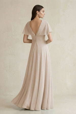 V - Neck Ruffled Sleeve A - Line Chiffon Bridesmaid Dress in Frost - SHE IS ME Bridesmaid Dresses