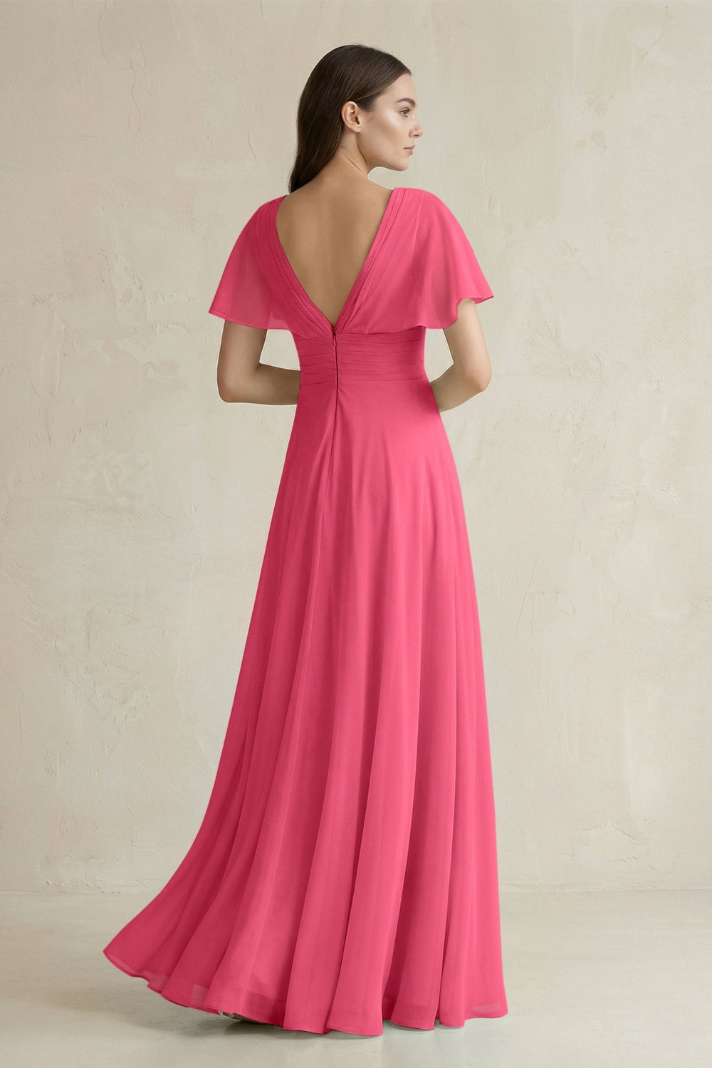 V - Neck Ruffled Sleeve A - Line Chiffon Bridesmaid Dress in Fuchsia - SHE IS ME Bridesmaid Dresses