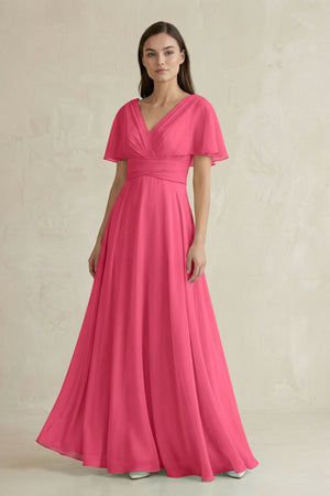V - Neck Ruffled Sleeve A - Line Chiffon Bridesmaid Dress in Fuchsia - SHE IS ME Bridesmaid Dresses