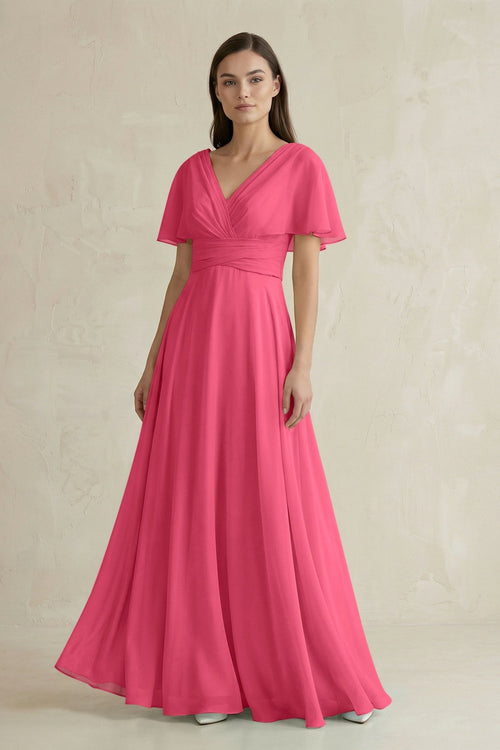 V - Neck Ruffled Sleeve A - Line Chiffon Bridesmaid Dress in Fuchsia - SHE IS ME Bridesmaid Dresses