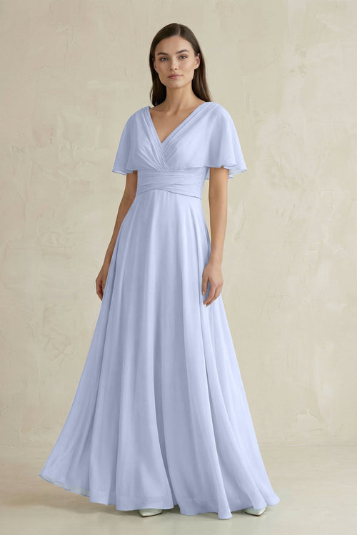 V - Neck Ruffled Sleeve A - Line Chiffon Bridesmaid Dress in Ice - SHE IS ME Bridesmaid Dresses