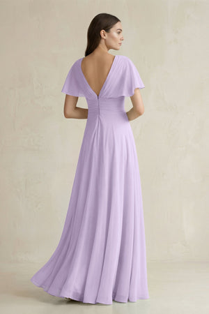 V - Neck Ruffled Sleeve A - Line Chiffon Bridesmaid Dress in Lavender - SHE IS ME Bridesmaid Dresses