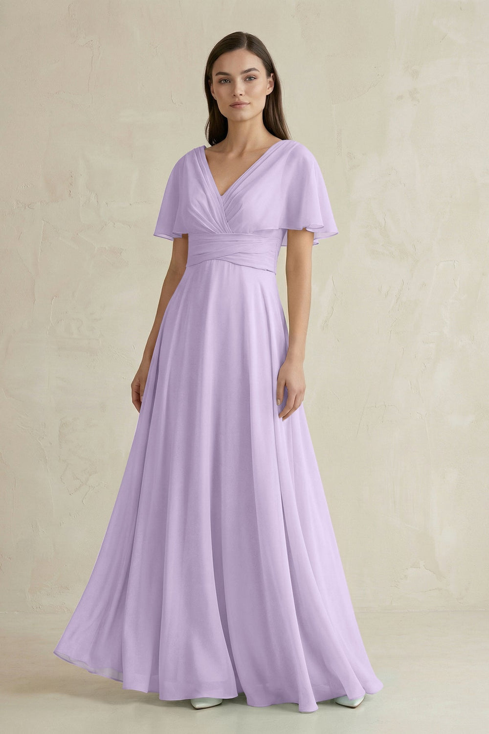 V - Neck Ruffled Sleeve A - Line Chiffon Bridesmaid Dress in Lavender - SHE IS ME Bridesmaid Dresses