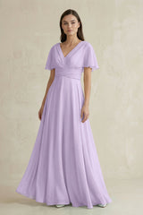 V - Neck Ruffled Sleeve A - Line Chiffon Bridesmaid Dress in Lavender - KISS BRIDAL Bridesmaid Dresses