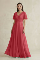 V - Neck Ruffled Sleeve A - Line Chiffon Bridesmaid Dress in Merlot - SHE IS ME Bridesmaid Dresses