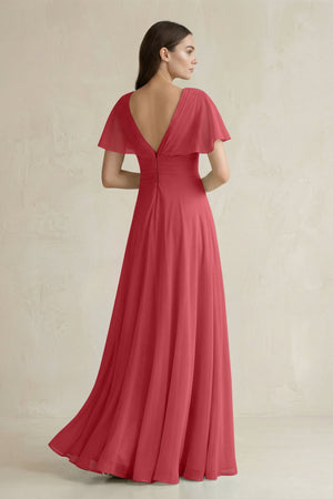 V - Neck Ruffled Sleeve A - Line Chiffon Bridesmaid Dress in Merlot - SHE IS ME Bridesmaid Dresses