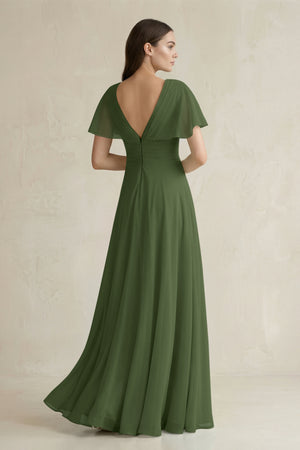 V-Neck Ruffled Sleeve A-Line Chiffon Bridesmaid Dress in Moss (2) | KISSBRIDAL