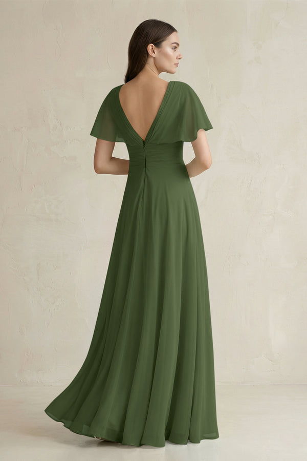 V-Neck Ruffled Sleeve A-Line Chiffon Bridesmaid Dress in Moss (2) | KISSBRIDAL