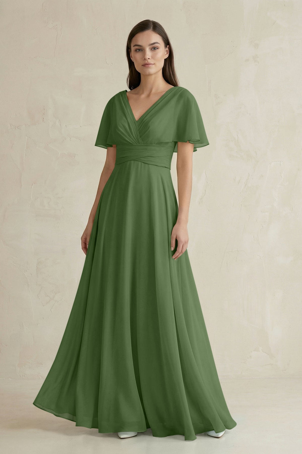 V - Neck Ruffled Sleeve A - Line Chiffon Bridesmaid Dress in Moss - SHE IS ME Bridesmaid Dresses