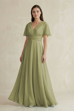 V - Neck Ruffled Sleeve A - Line Chiffon Bridesmaid Dress in Moss Green - SHE IS ME Bridesmaid Dresses