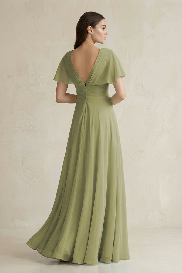 V - Neck Ruffled Sleeve A - Line Chiffon Bridesmaid Dress in Moss Green - SHE IS ME Bridesmaid Dresses