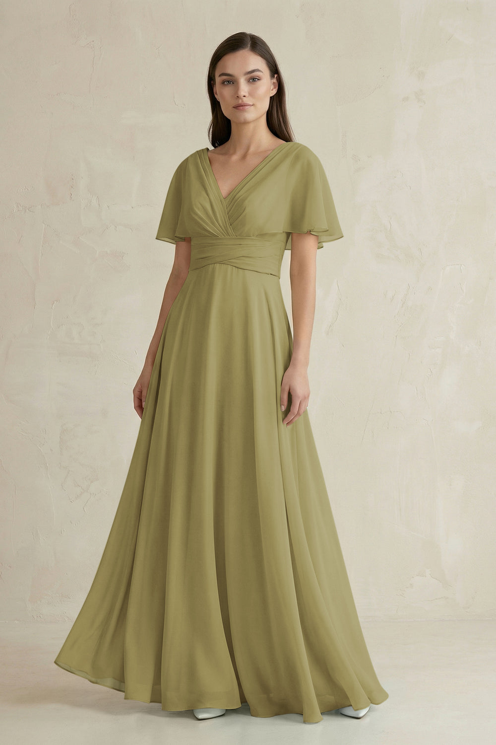 V-Neck Ruffled Sleeve A-Line Chiffon Bridesmaid Dress in Moss Green