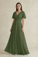V-Neck Ruffled Sleeve A-Line Chiffon Bridesmaid Dress in Moss | KISSBRIDAL