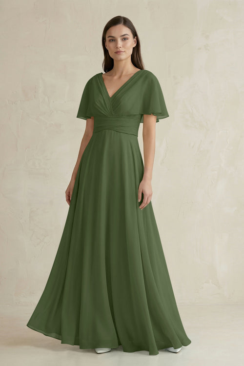 V-Neck Ruffled Sleeve A-Line Chiffon Bridesmaid Dress in Moss | KISSBRIDAL