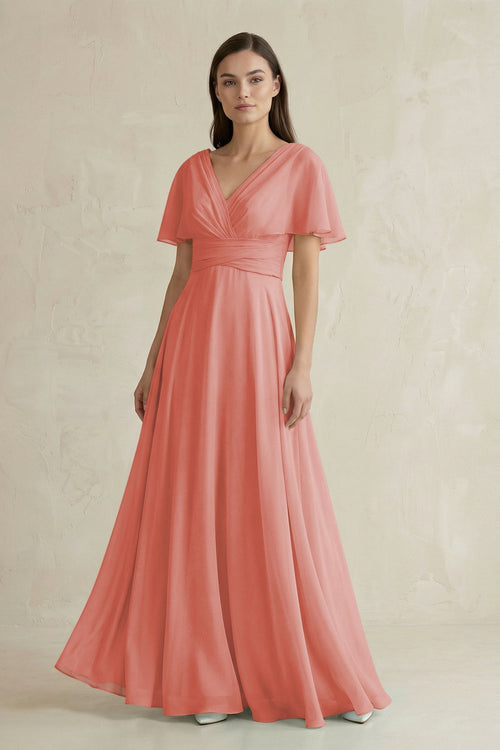 V - Neck Ruffled Sleeve A - Line Chiffon Bridesmaid Dress in Mulberry - SHE IS ME Bridesmaid Dresses