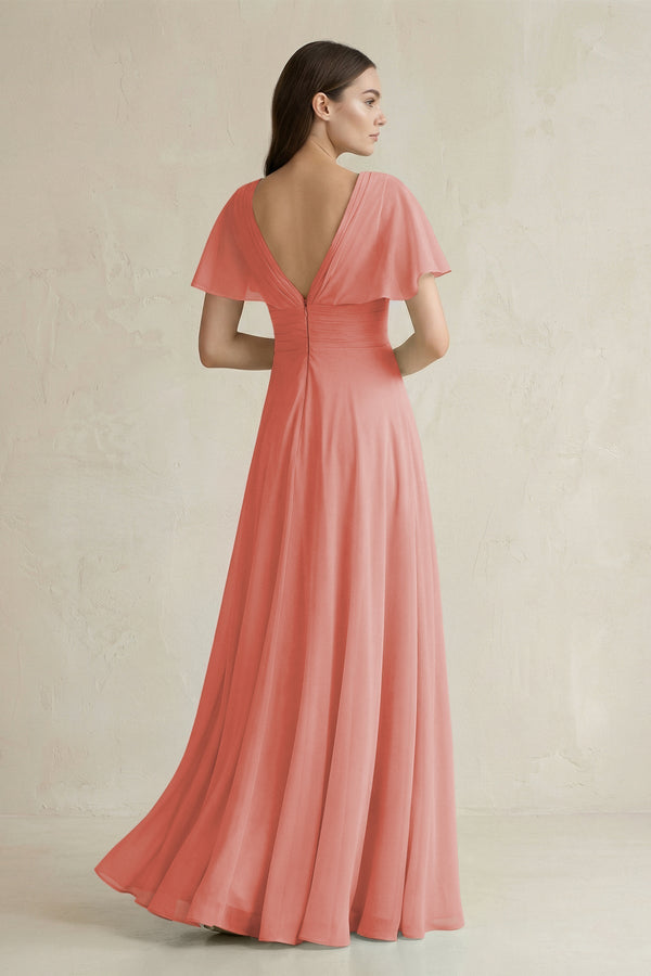 V - Neck Ruffled Sleeve A - Line Chiffon Bridesmaid Dress in Mulberry - SHE IS ME Bridesmaid Dresses