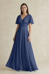 V - Neck Ruffled Sleeve A - Line Chiffon Bridesmaid Dress in Navy - KISS BRIDAL Bridesmaid Dresses