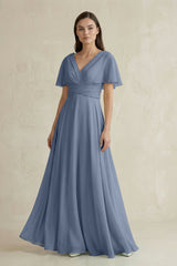 V - Neck Ruffled Sleeve A - Line Chiffon Bridesmaid Dress in Neptune - KISS BRIDAL Bridesmaid Dresses