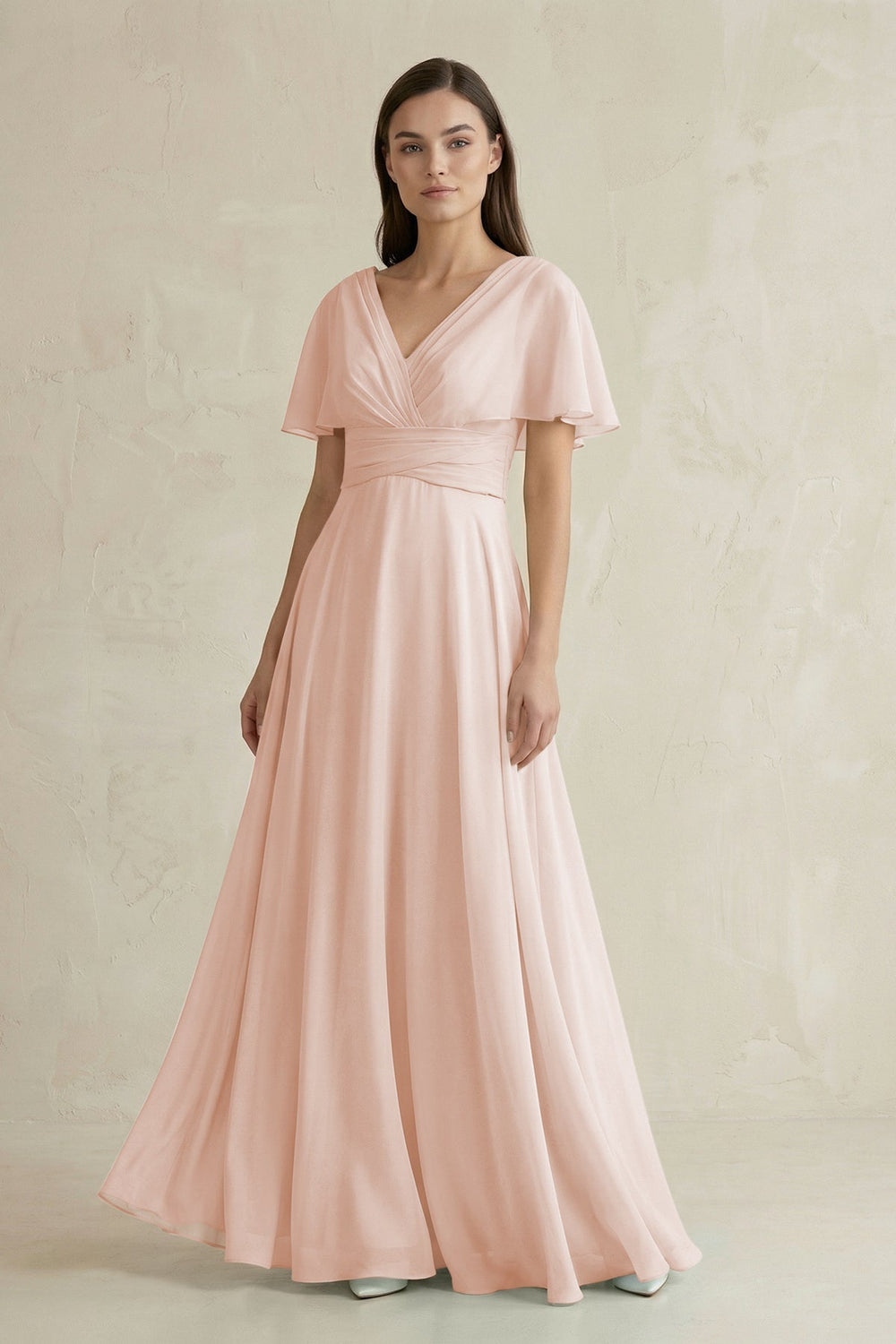 V - Neck Ruffled Sleeve A - Line Chiffon Bridesmaid Dress in Pale Blush - SHE IS ME Bridesmaid Dresses