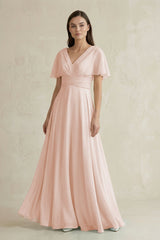 V - Neck Ruffled Sleeve A - Line Chiffon Bridesmaid Dress in Pale Blush - KISS BRIDAL Bridesmaid Dresses