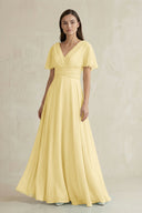 V - Neck Ruffled Sleeve A - Line Chiffon Bridesmaid Dress in Pastel Yellow - SHE IS ME Bridesmaid Dresses