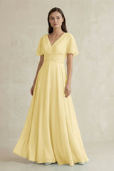 V - Neck Ruffled Sleeve A - Line Chiffon Bridesmaid Dress in Pastel Yellow - KISS BRIDAL Bridesmaid Dresses
