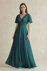 V - Neck Ruffled Sleeve A - Line Chiffon Bridesmaid Dress in Pine - KISS BRIDAL Bridesmaid Dresses