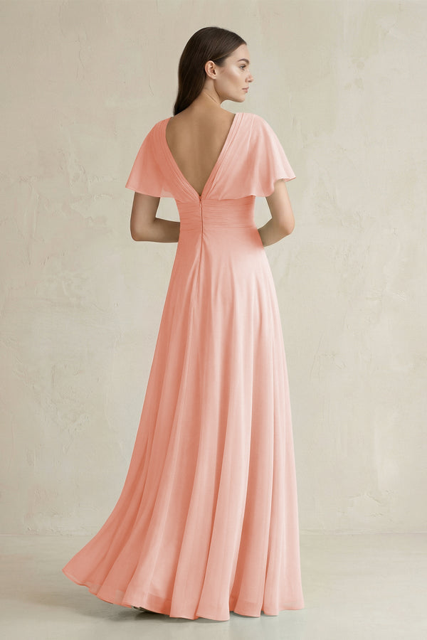 V - Neck Ruffled Sleeve A - Line Chiffon Bridesmaid Dress in Rose Petal - SHE IS ME Bridesmaid Dresses