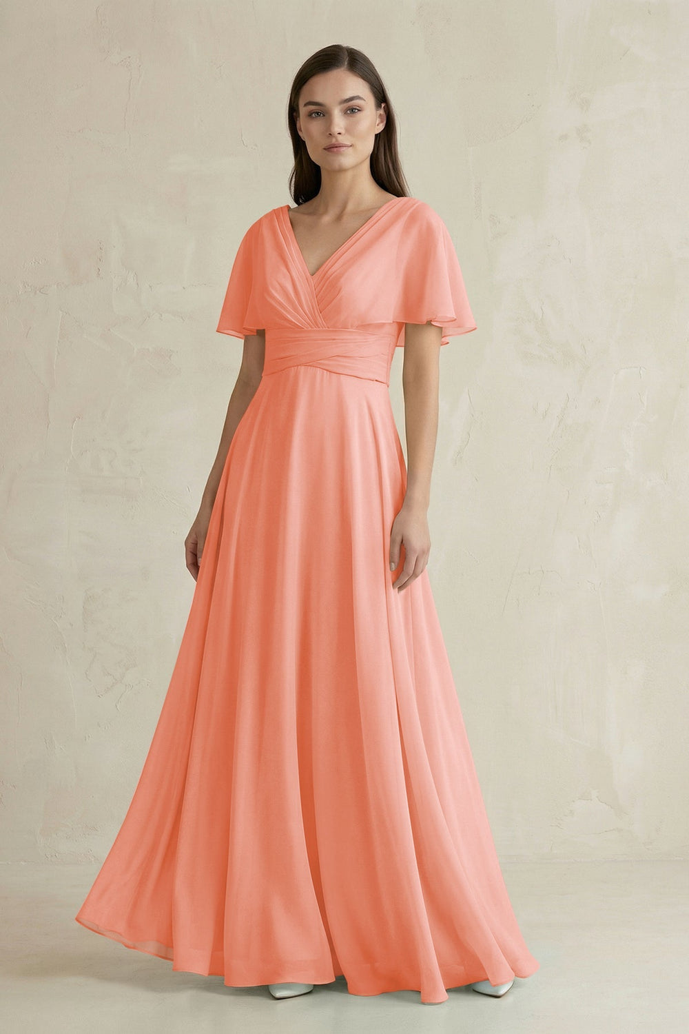 V - Neck Ruffled Sleeve A - Line Chiffon Bridesmaid Dress in Rosette - SHE IS ME Bridesmaid Dresses