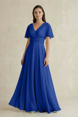 V - Neck Ruffled Sleeve A - Line Chiffon Bridesmaid Dress in Royal Blue - KISS BRIDAL Bridesmaid Dresses