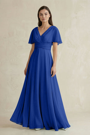 V - Neck Ruffled Sleeve A - Line Chiffon Bridesmaid Dress in Royal Blue - SHE IS ME Bridesmaid Dresses