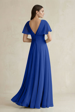 V - Neck Ruffled Sleeve A - Line Chiffon Bridesmaid Dress in Royal Blue - SHE IS ME Bridesmaid Dresses