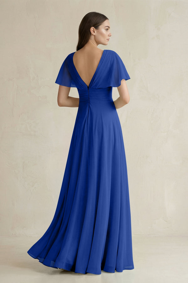 V - Neck Ruffled Sleeve A - Line Chiffon Bridesmaid Dress in Royal Blue - SHE IS ME Bridesmaid Dresses