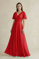V - Neck Ruffled Sleeve A - Line Chiffon Bridesmaid Dress in Ruby Red - SHE IS ME Bridesmaid Dresses