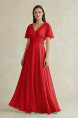 V - Neck Ruffled Sleeve A - Line Chiffon Bridesmaid Dress in Ruby Red - KISS BRIDAL Bridesmaid Dresses
